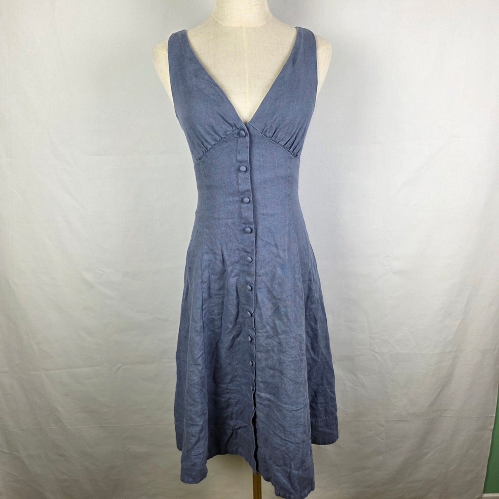 Reformation Blue 100% Linen Button Front V-Neck Midi Dress Size 0 Sleeveless